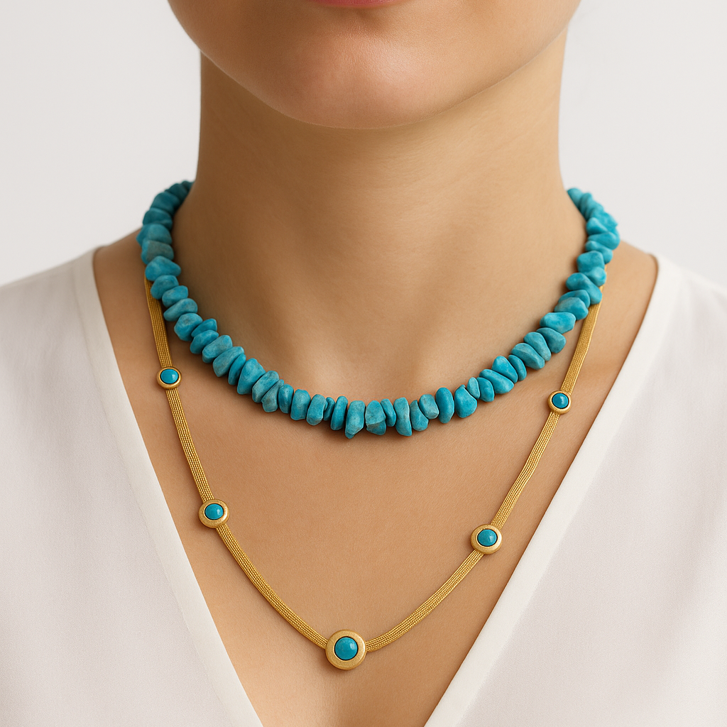 Turquoise beaded necklace on a person wearing a white top