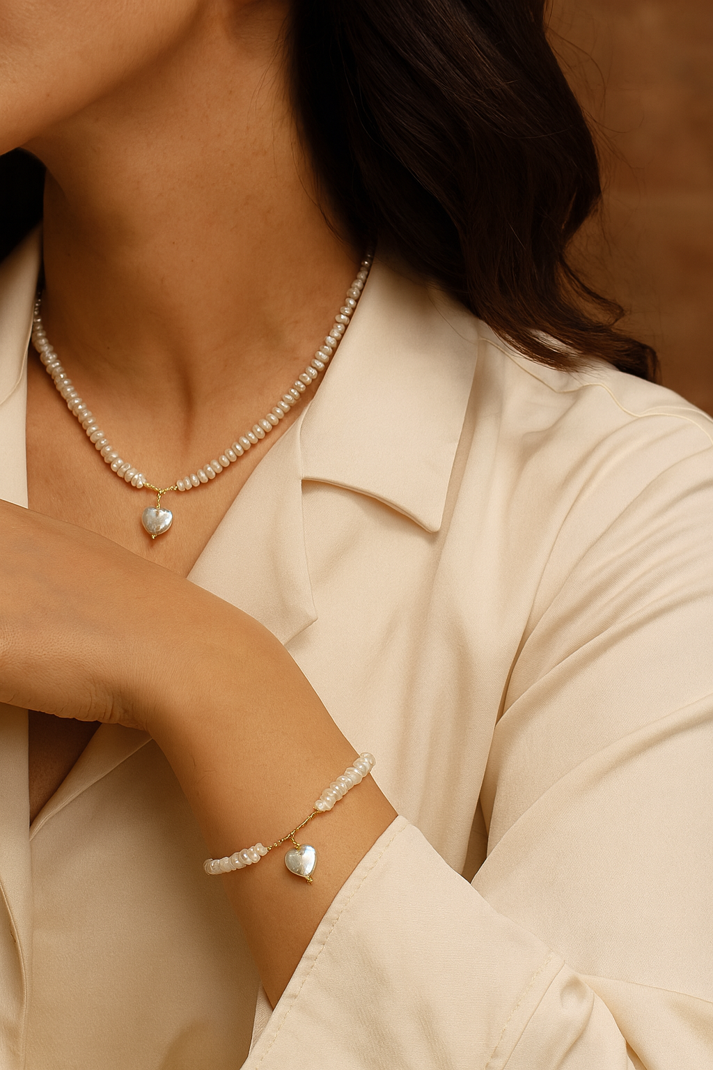 Woman wearing a pearl necklace and bracelet with a neutral background