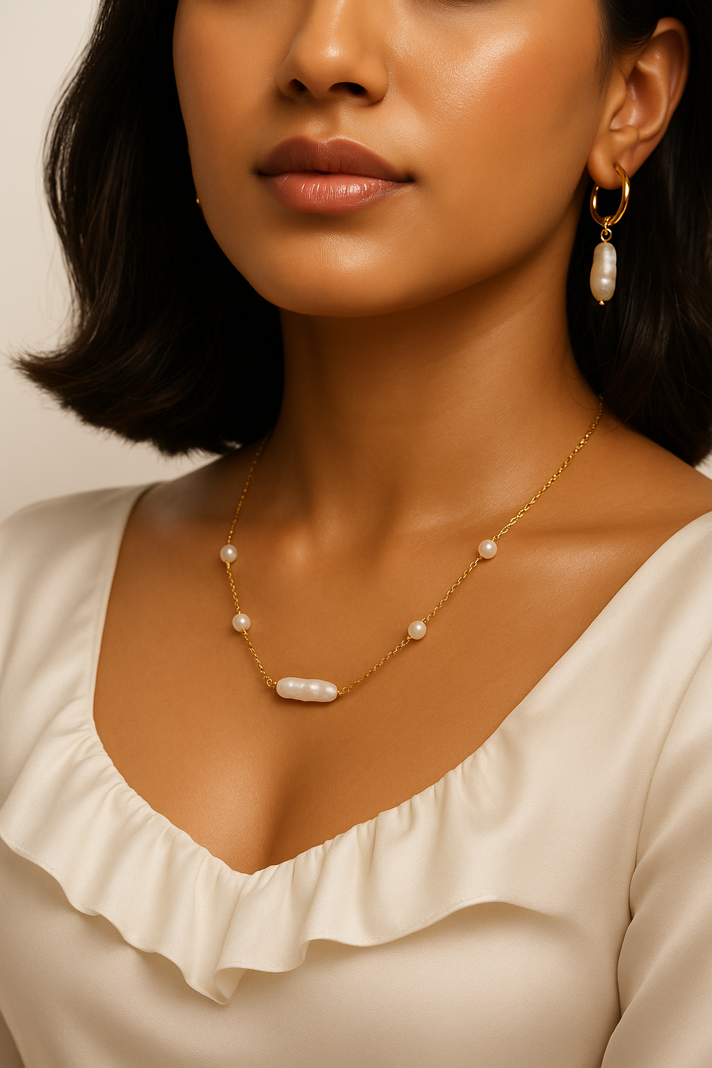 Woman wearing a pearl necklace and earrings against a neutral background