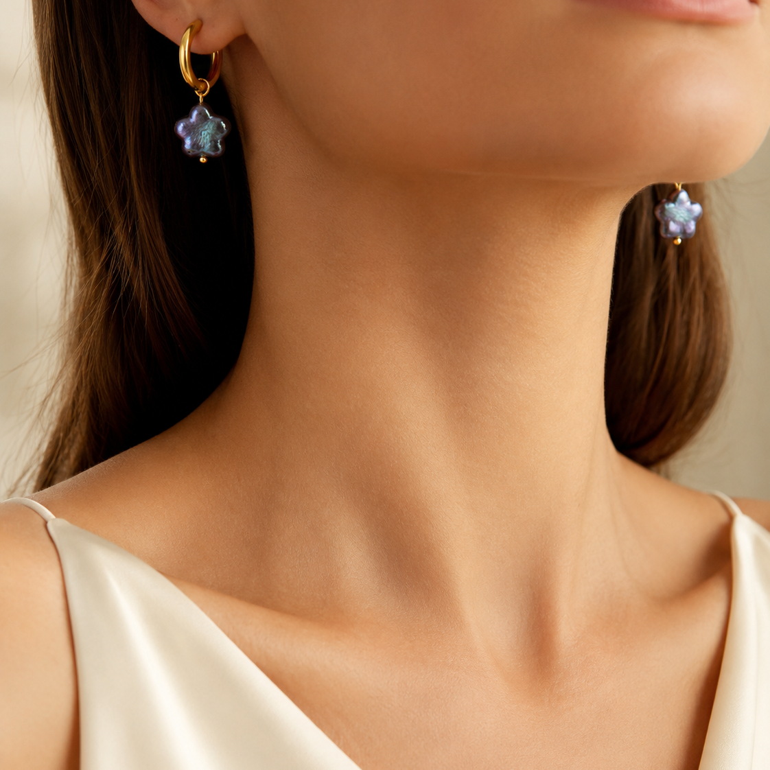 Peacock blue freshwater baroque pearl hoop earrings
