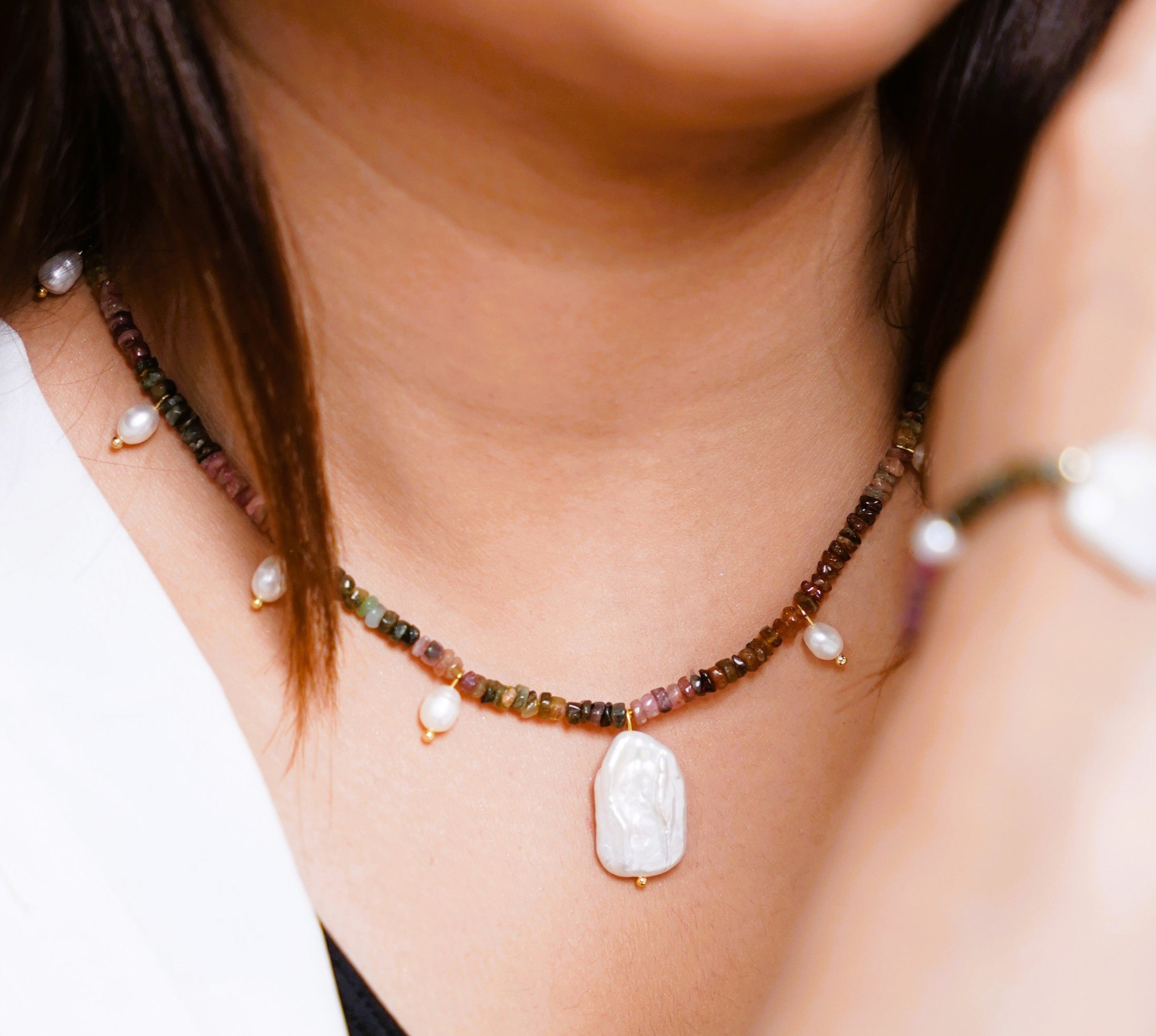 Multicolor Tourmaline & Baroque Pearl Jewelry Set – Necklace, Bracelet & Earrings