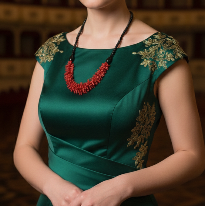 Red coral and black onyx handmade necklace close-up