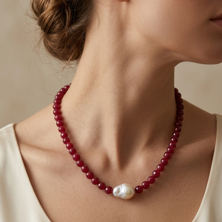 Ruby beaded necklace with baroque pearl