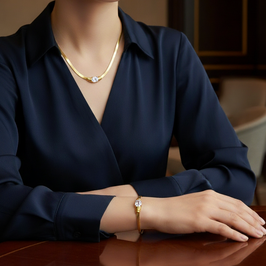 18K Gold-Plated Necklace & Bracelet Set with White Oval Gemstone – Elegant Women’s Jewelry