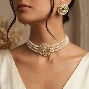 Freshwater pearl multi-strand Kundan choker necklace set with matching earrings
