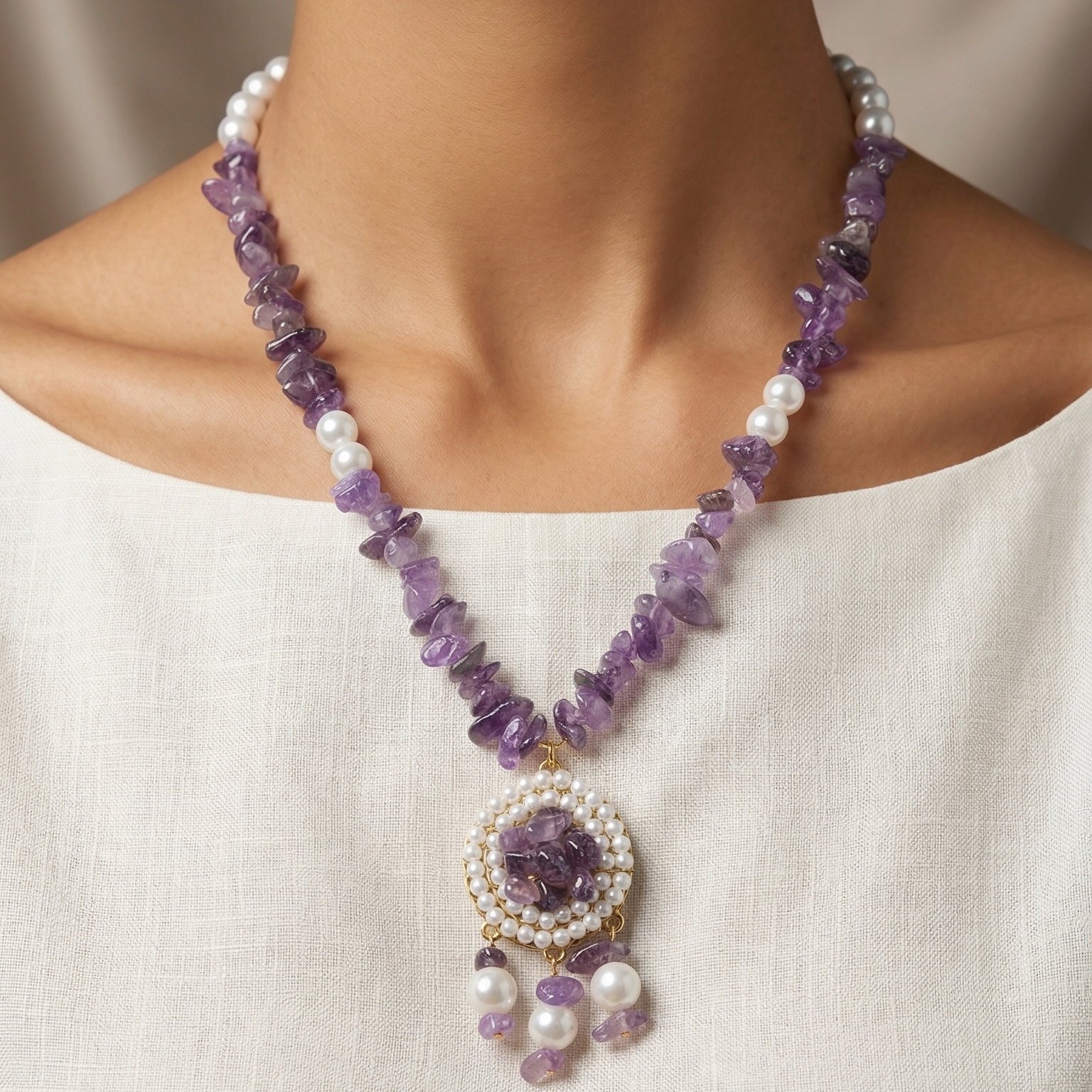Amethyst necklace with pearl pendant