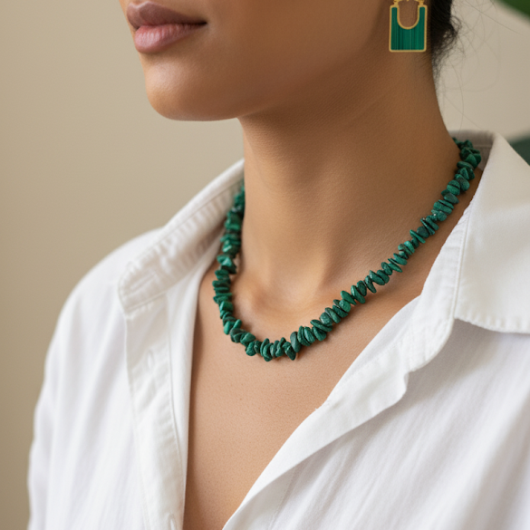 Woman wearing a green necklace and earrings with a white shirt.