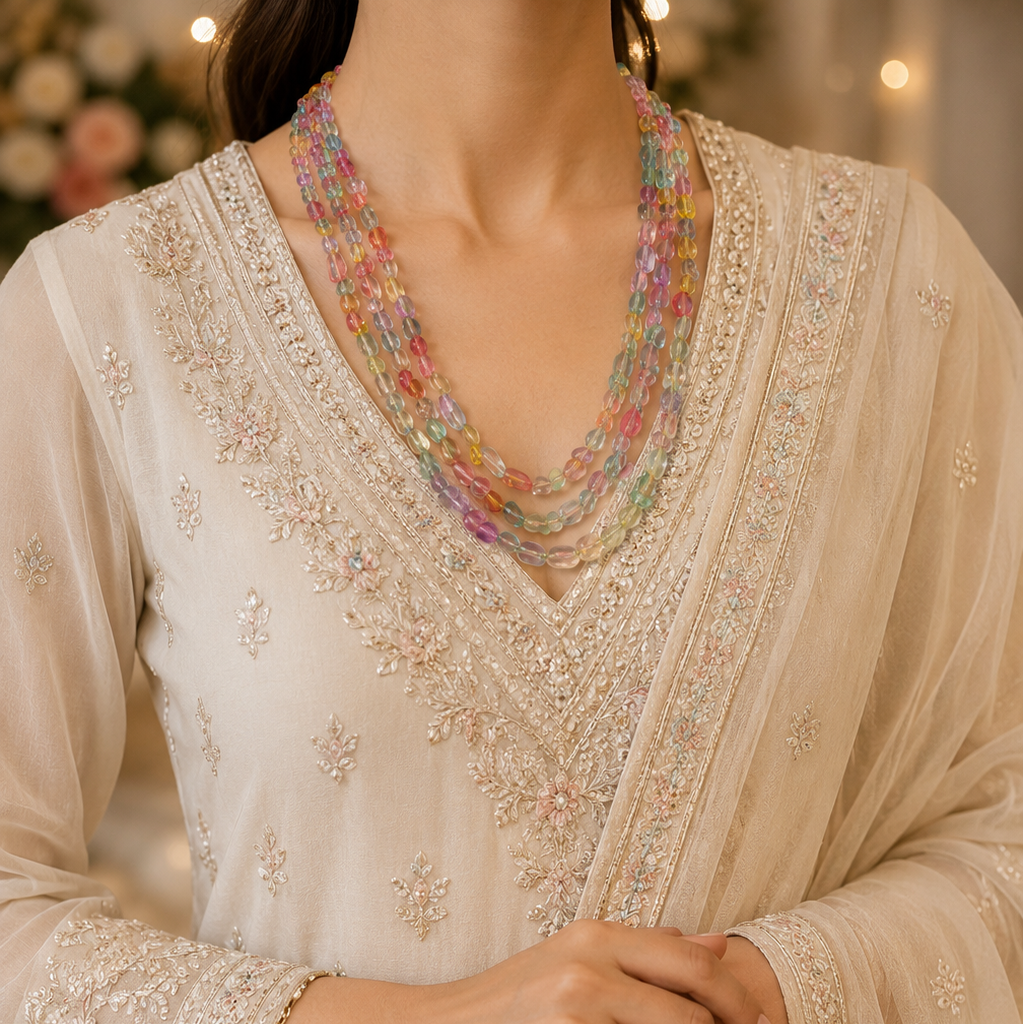 Beige embroidered traditional outfit with a colorful necklace on a blurred background