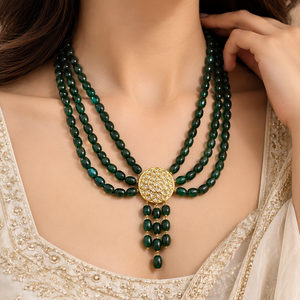 Original Emerald Jade Stone 3 layer necklace with gold-tone centerpiece