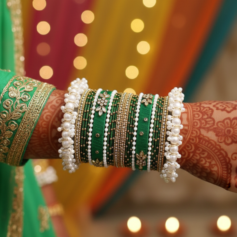 Handcrafted green Kundan and pearl bangles set – traditional festive jewelry by Urban Gear UG
