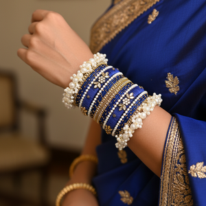 Royal blue Kundan and pearl bangles set – handcrafted festive jewelry by Urban Gear