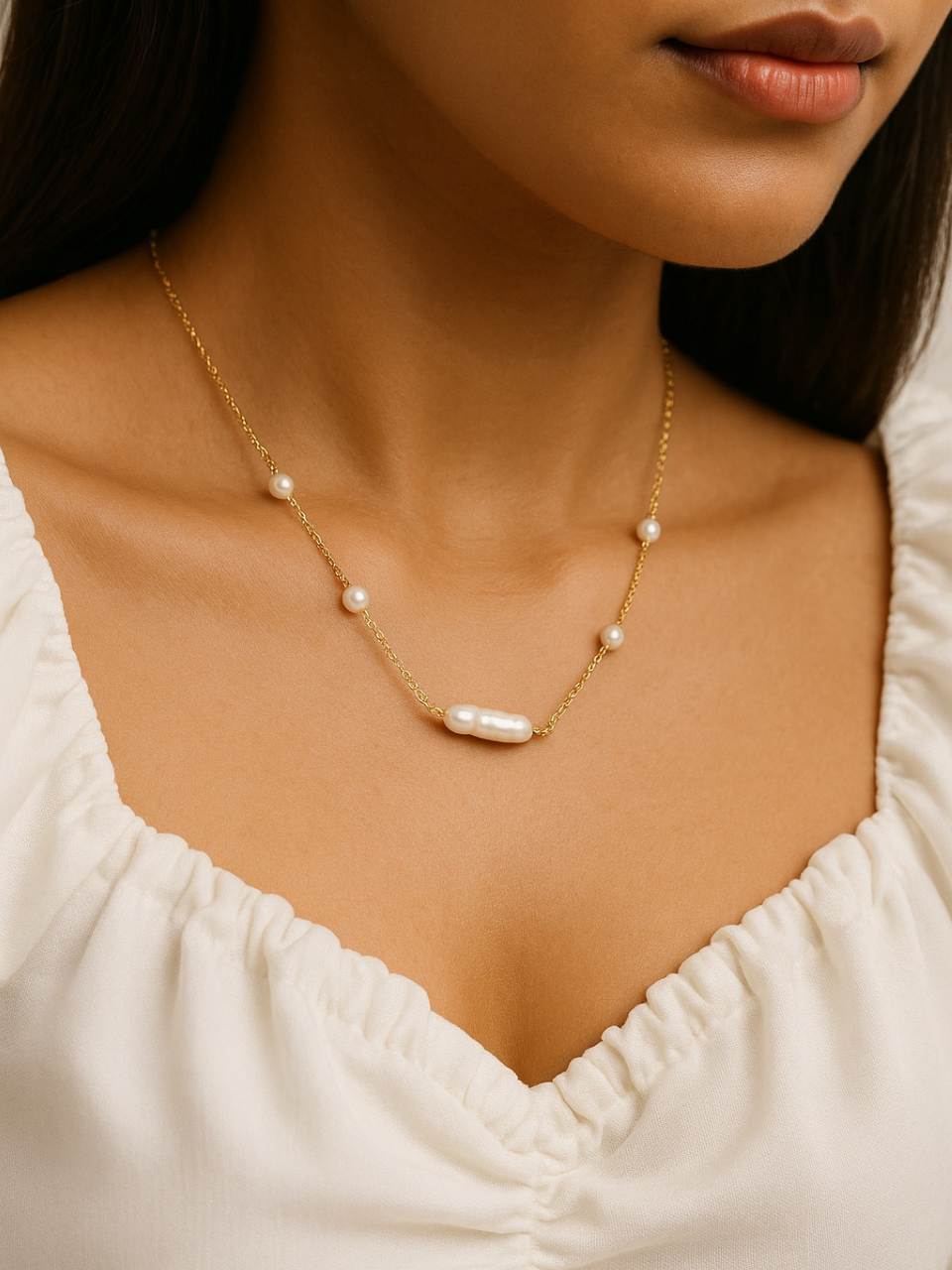 Pearl necklace worn by a person with a white top