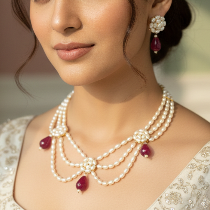 Pearl ruby-accent necklace and earrings set by Urban Gear