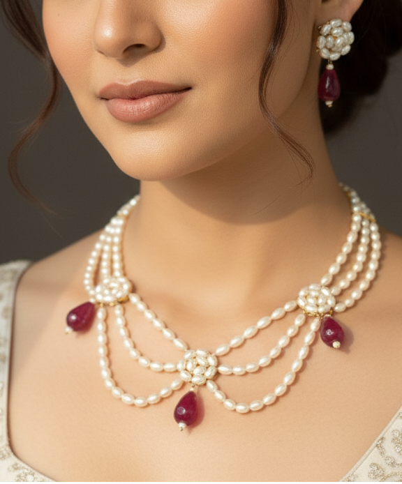 Pearl ruby-accent necklace and earrings set by Urban Gear