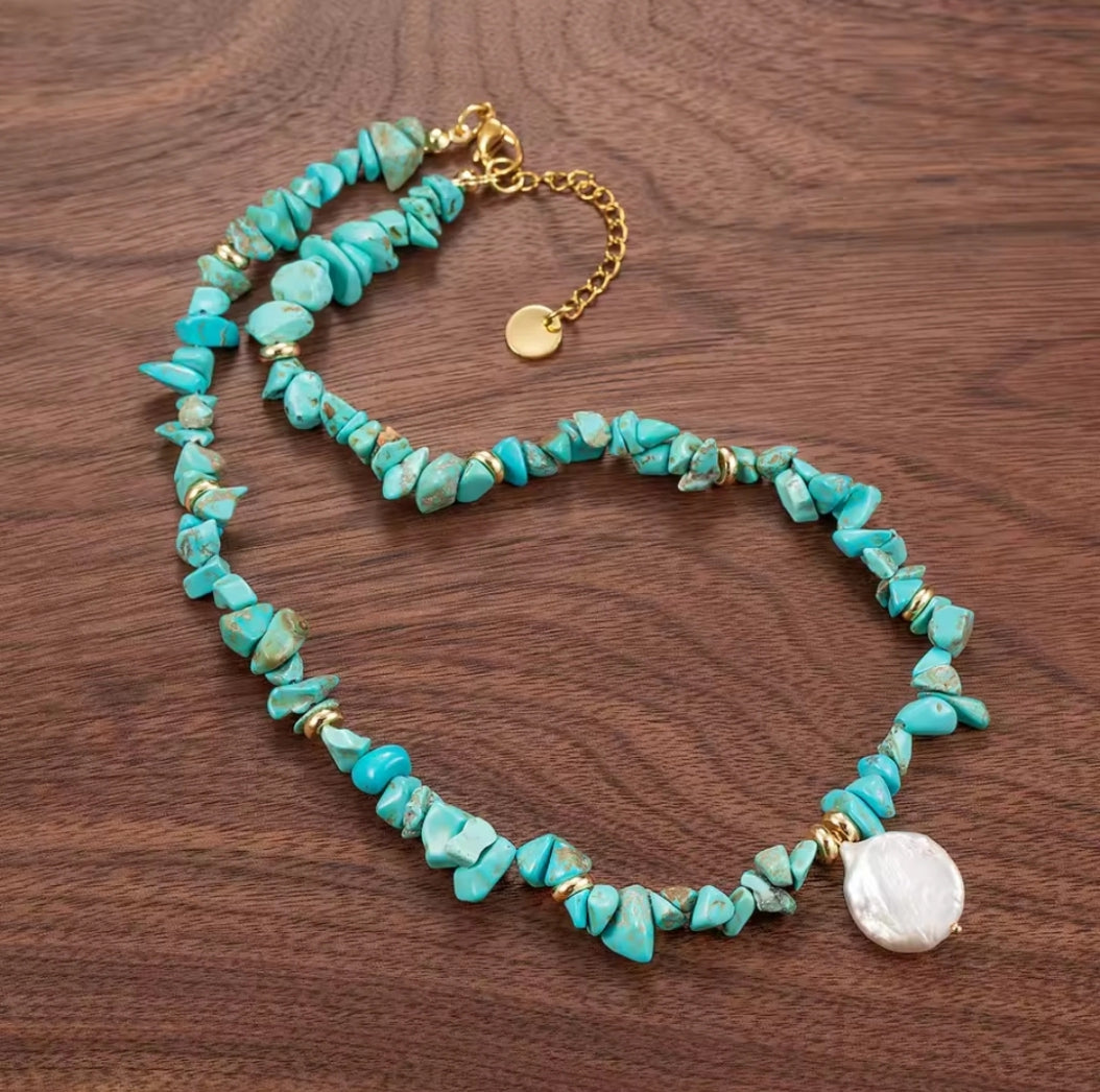 Baroque Freshwater Pearl & Natural Stone Necklace – Handmade Boho Healing Jewelry