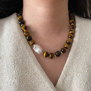 Handmade tiger eye gemstone necklace with baroque pearl centerpiece – earthy tones, gold accents