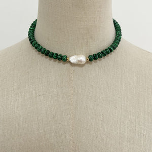 Green malachite beaded choker with freshwater baroque pearl – vibrant, elegant, and handcrafted