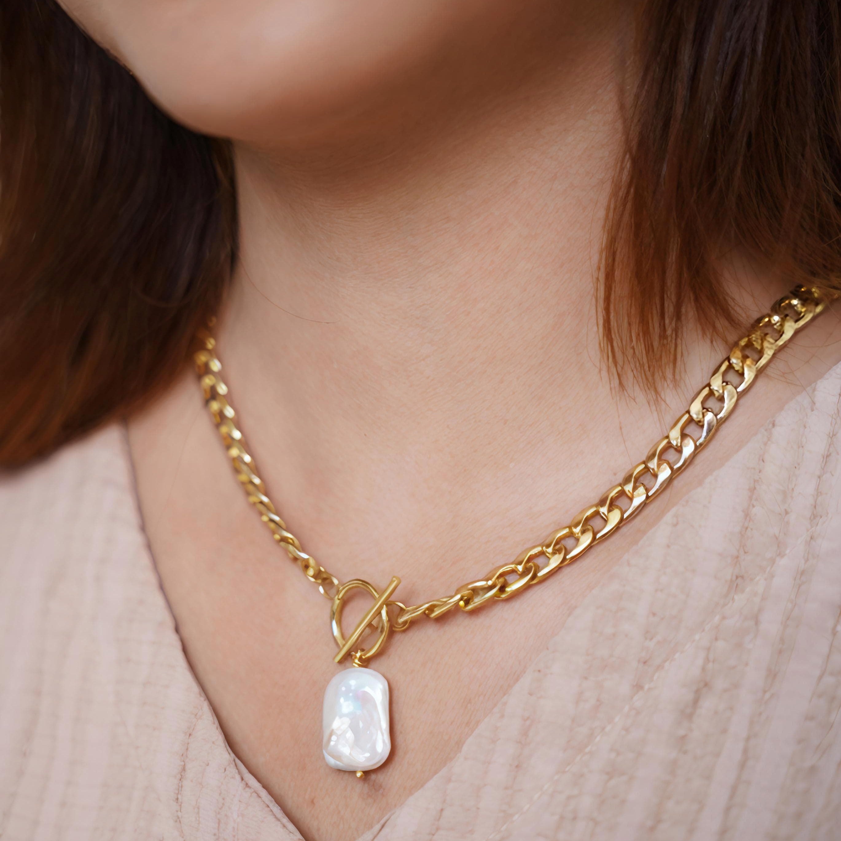 18K Gold-Plated Baroque Pearl Jewelry Set – Necklace, Earrings & Bracelet