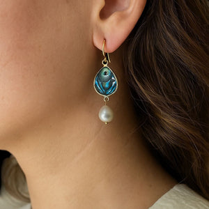 Gold plated abalone shell teardrop earrings with freshwater pearl dangle – handmade ocean inspired jewelry