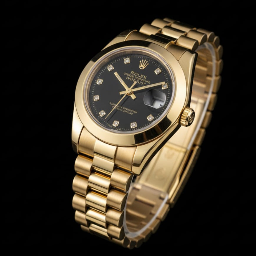 Gold wristwatch with a black dial on a black background