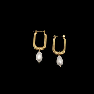 Gold-plated rectangular hoop earrings with freshwater pearls on display, luxury modern jewelry."