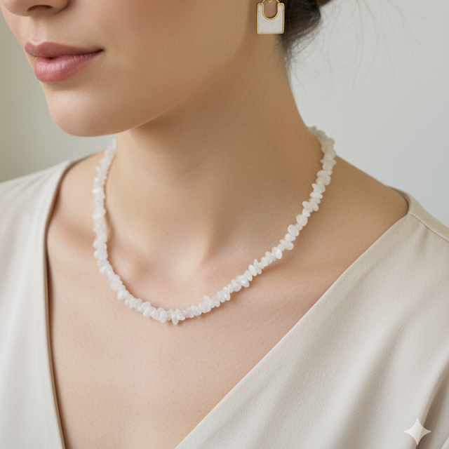 Woman wearing a pearl necklace and earrings against a neutral background