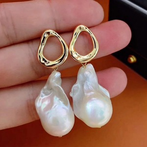 Luxury baroque freshwater pearl drop earrings with sculpted gold-plated studs – modern handcrafted jewelry