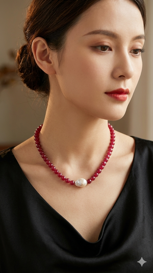 Ruby beaded necklace with baroque pearl