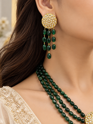 Original Emerald Jade Stone 3 layer necklace with gold-tone centerpiece