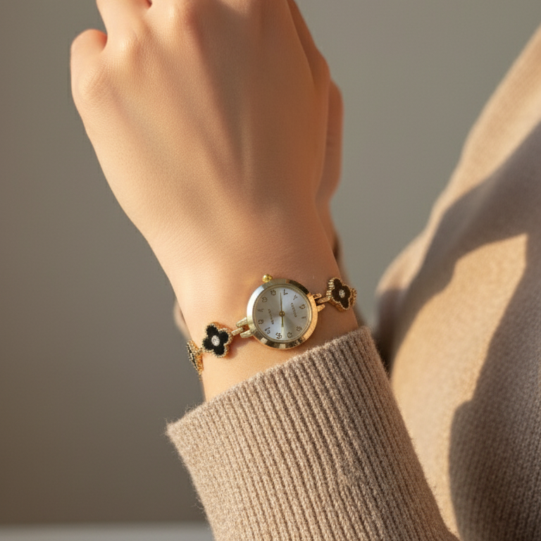 Hand wearing a gold watch with a neutral background