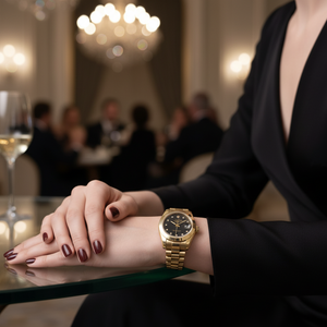 Person wearing a gold watch in an elegant indoor setting with blurred people and chandeliers.