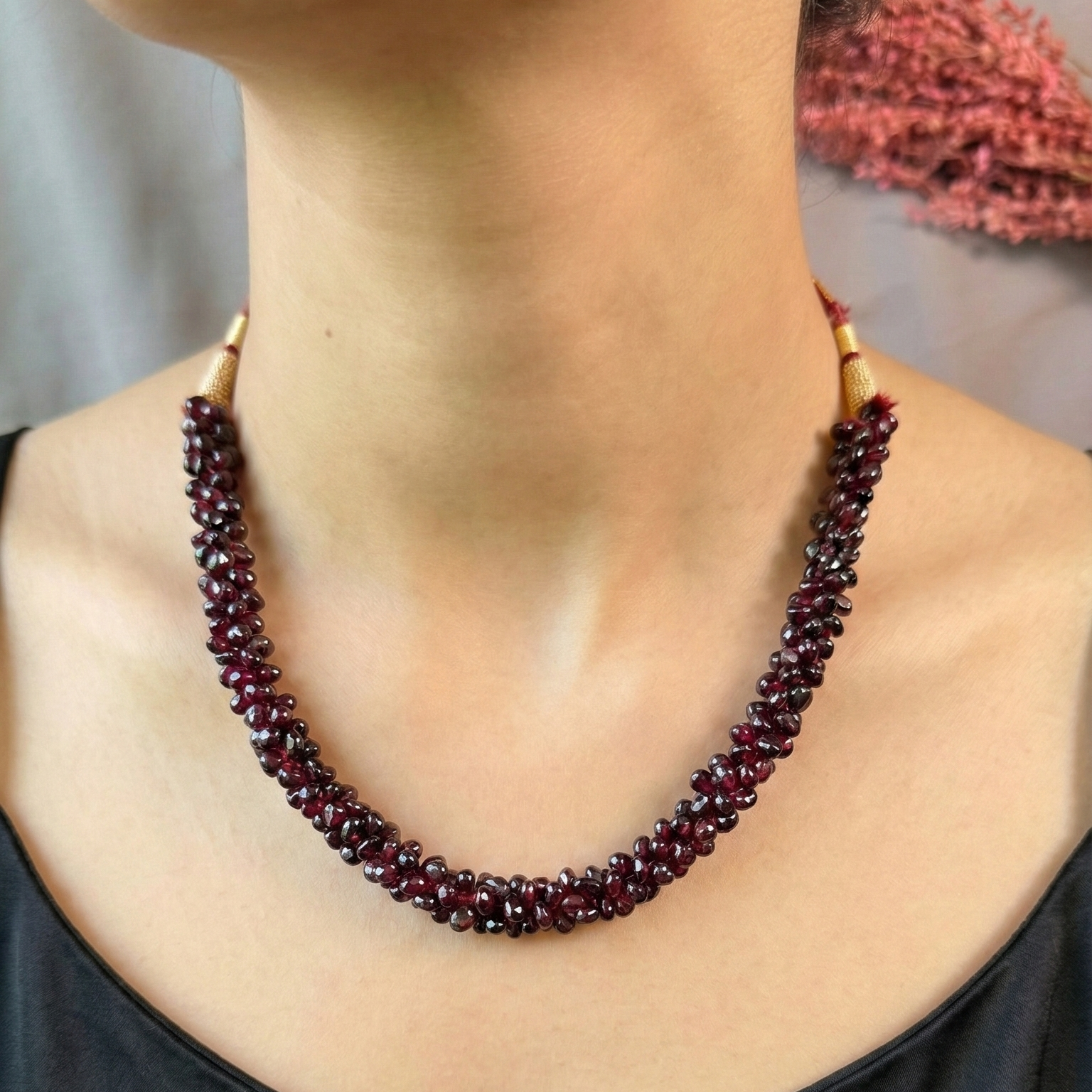 Handcrafted natural garnet stone mala necklace with deep red polished beads and adjustable thread closure.