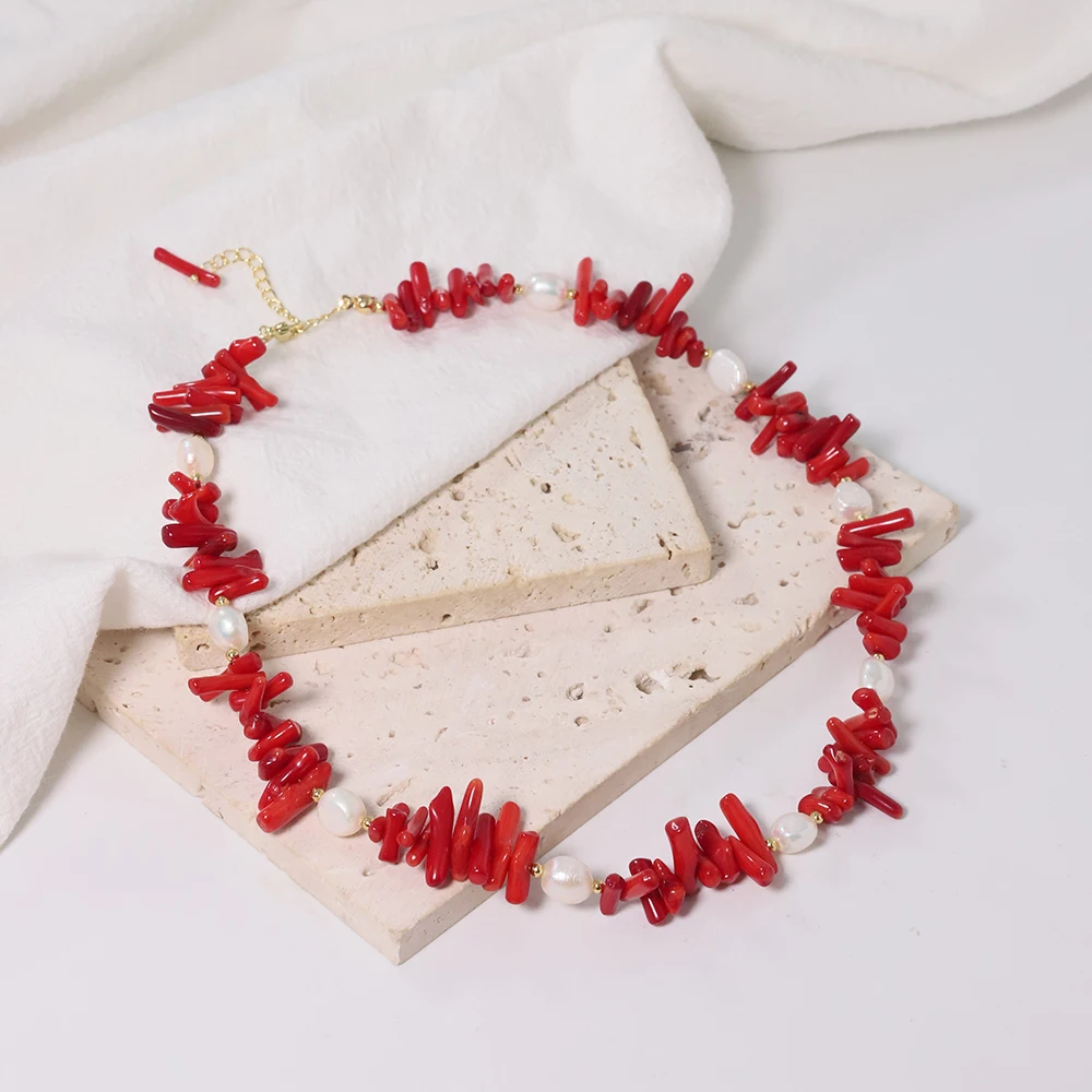 Red Coral & Pearl Jewelry Set – Handmade Boho Necklace, Bracelet & Earrings