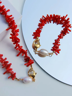 Red Coral & Pearl Bracelet – Handmade Gemstone Boho Jewelry for Women