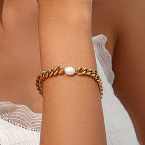 18K Gold-Plated Chunky Chain Bracelet with Natural Pearl