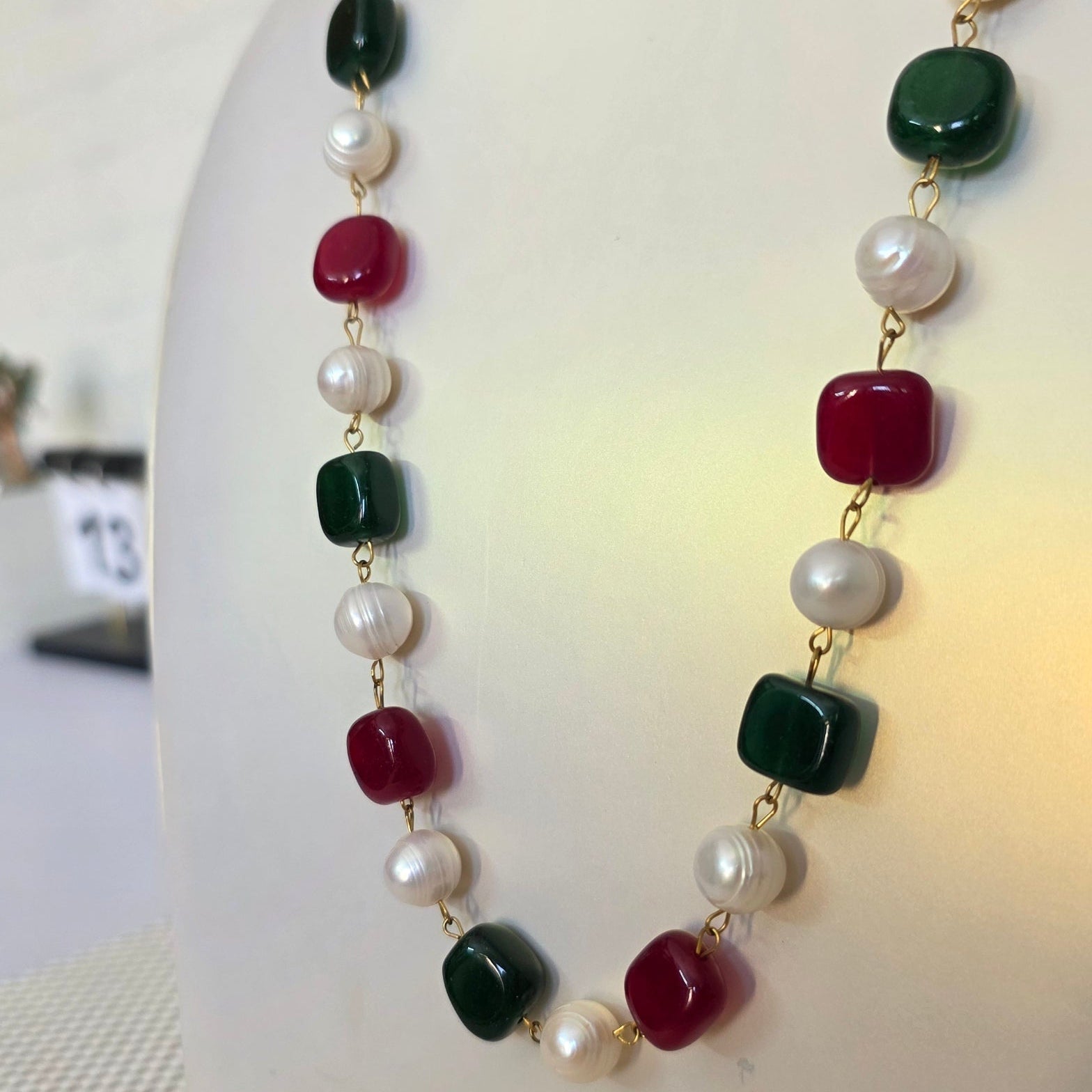 Handcrafted ruby and emerald healing stone necklace with freshwater pearls – luxury and energy jewelry by Urban Gear