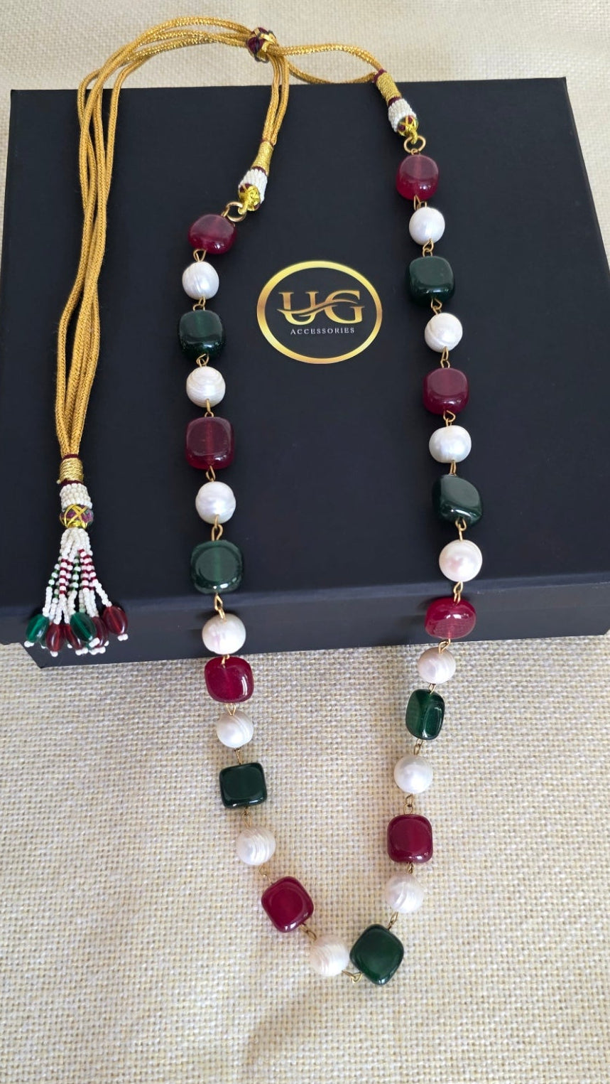 Handcrafted ruby and emerald healing stone necklace with freshwater pearls – luxury and energy jewelry by Urban Gear