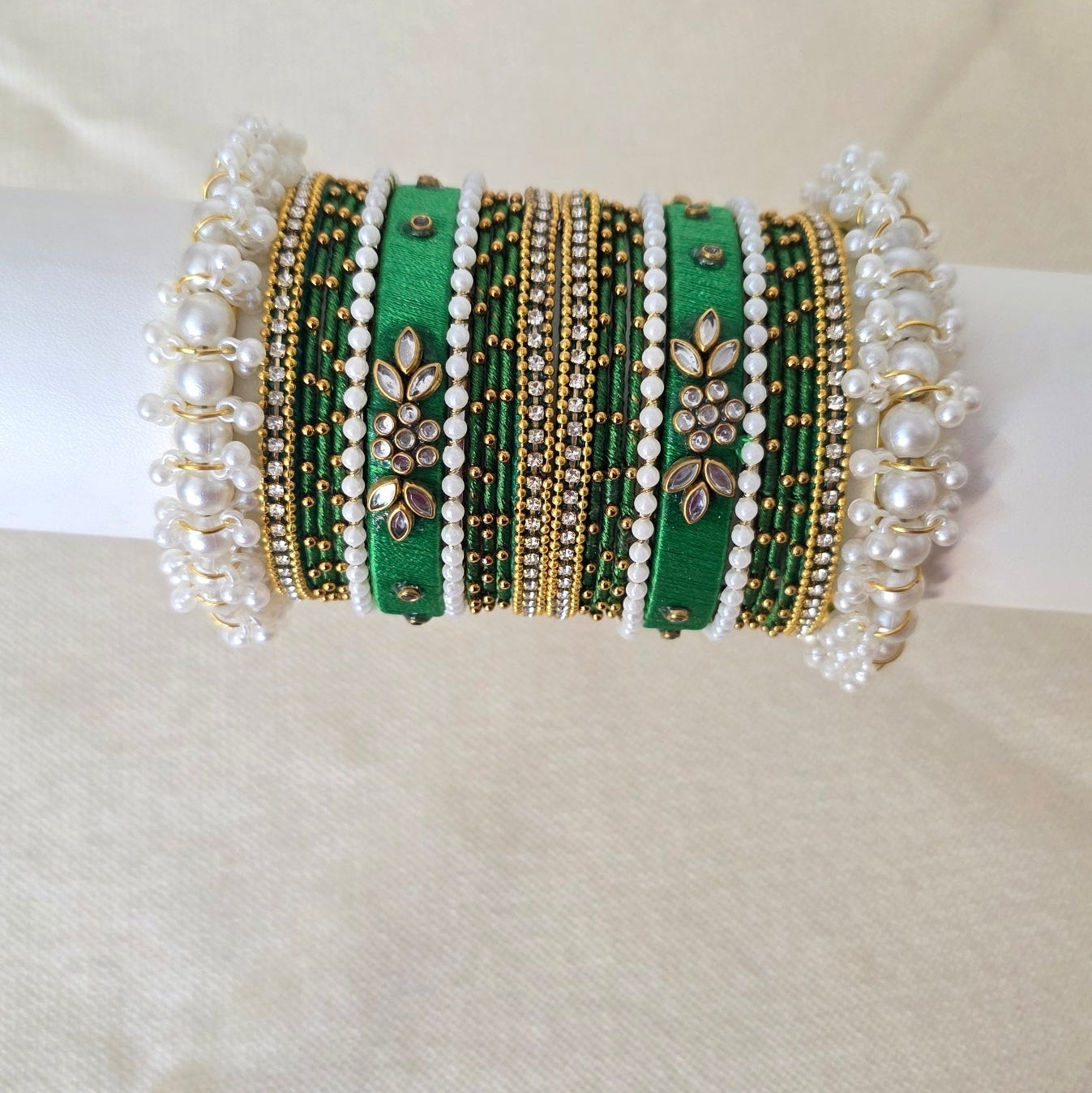 Handcrafted green Kundan and pearl bangles set – traditional festive jewelry by Urban Gear