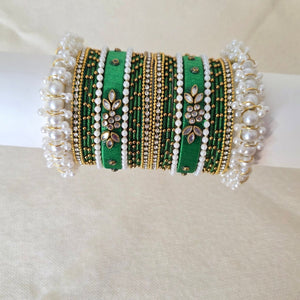 Handcrafted green Kundan and pearl bangles set – traditional festive jewelry by Urban Gear