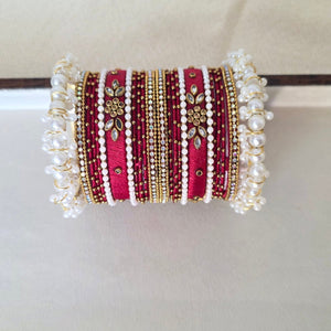 Handcrafted maroon Kundan and pearl bangles set – festive traditional jewelry by Urban Gear
