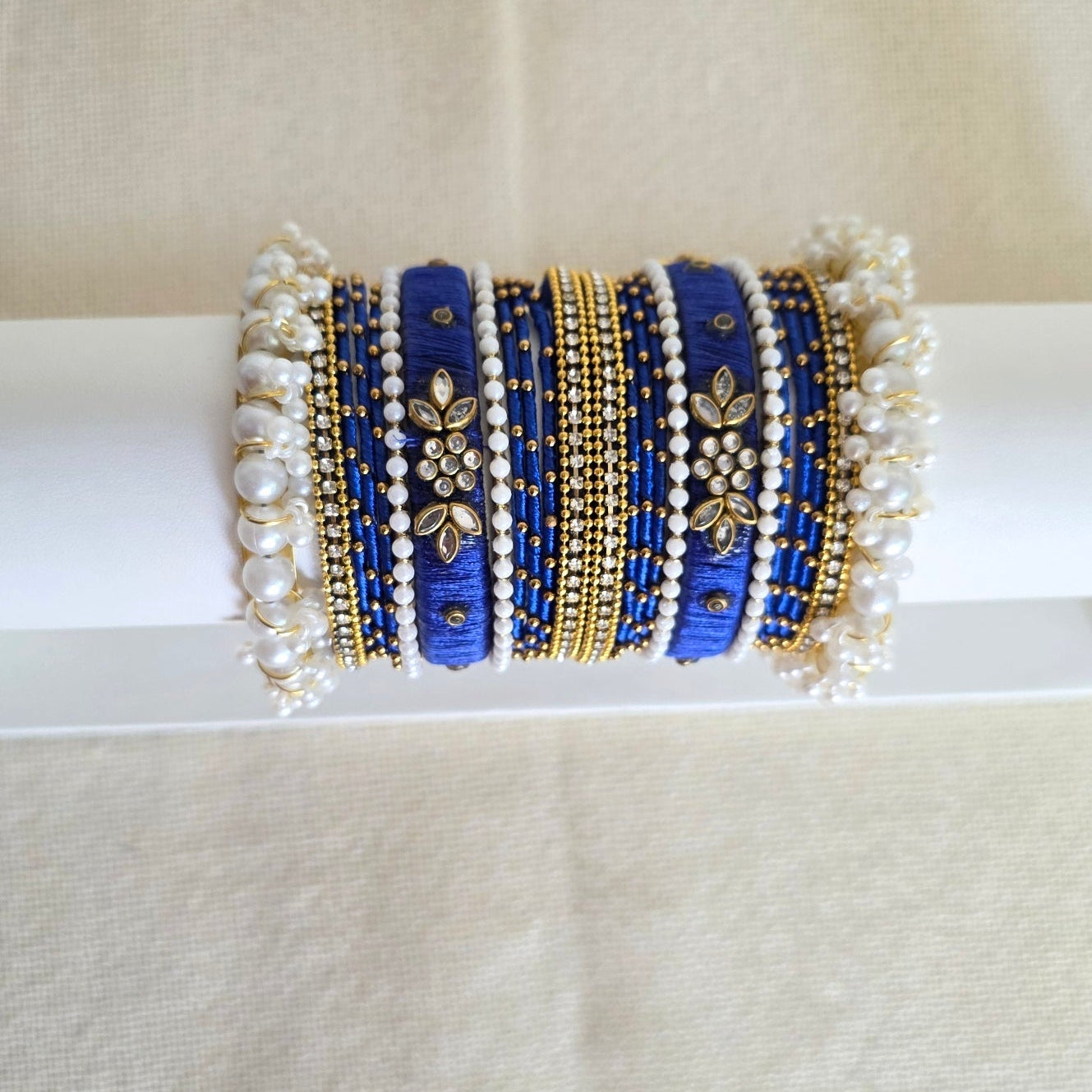 Royal blue Kundan and pearl bangles set – handcrafted festive jewelry by Urban Gear