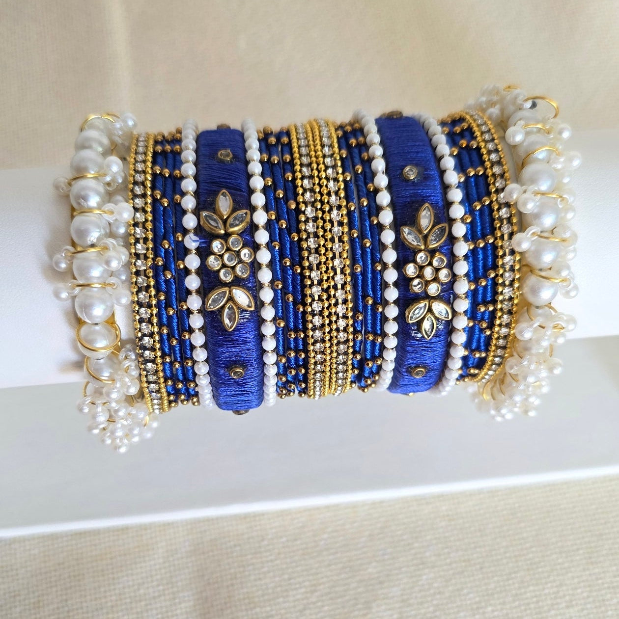 Royal blue Kundan and pearl bangles set – handcrafted festive jewelry by Urban Gear
