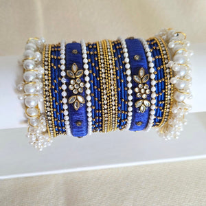 Royal blue Kundan and pearl bangles set – handcrafted festive jewelry by Urban Gear