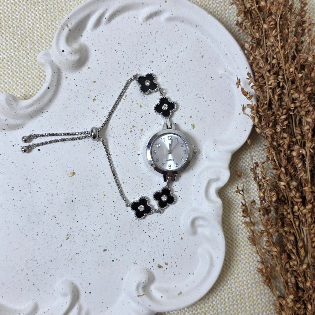 Elegant silver black clover bracelet watch with crystal accents – luxury women’s jewelry by Urban Gear