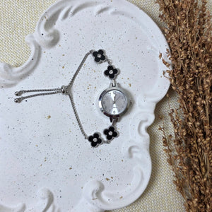 Elegant silver black clover bracelet watch with crystal accents – luxury women’s jewelry by Urban Gear