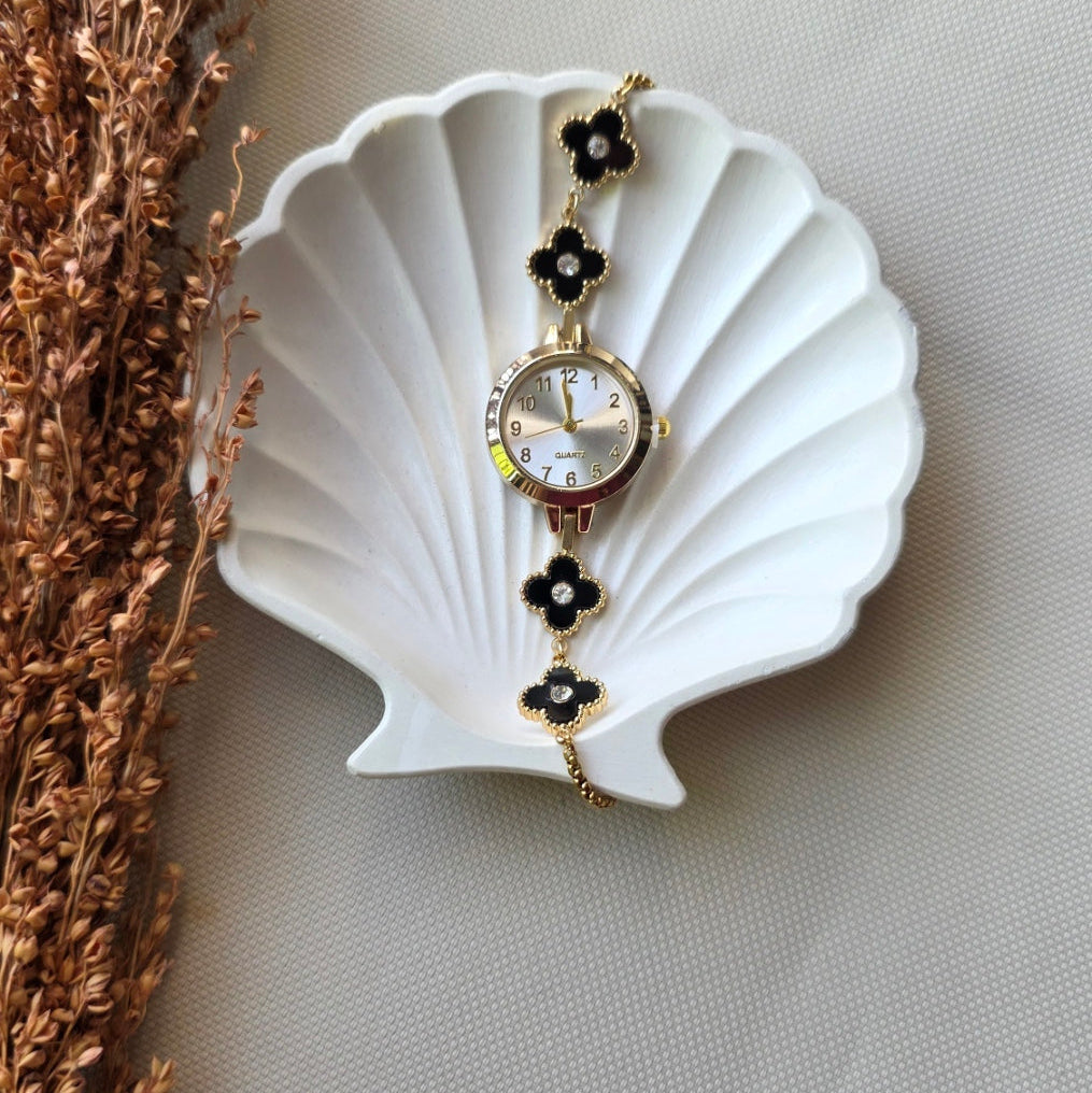 Elegant black clover gold-plated bracelet watch with crystal charms – luxury women’s jewelry by Urban Gear