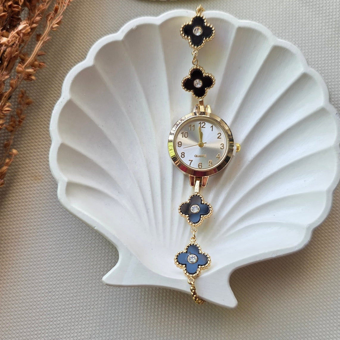 Elegant black clover gold-plated bracelet watch with crystal charms – luxury women’s jewelry by Urban Gear