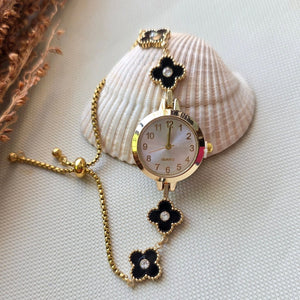 Elegant black clover gold-plated bracelet watch with crystal charms – luxury women’s jewelry by Urban Gear