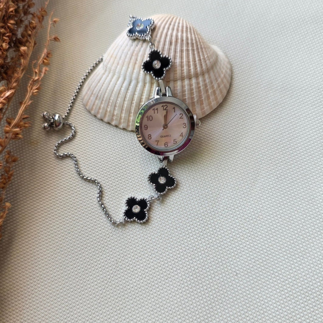 Elegant silver black clover bracelet watch with crystal accents – luxury women’s jewelry by Urban Gear