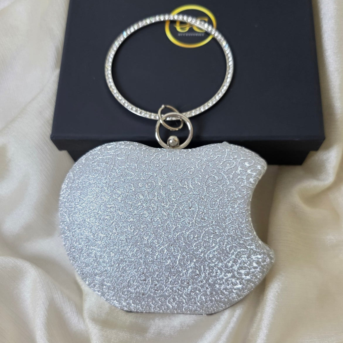 Luxury silver crystal clutch with round ring handle – evening and festive handbag by Urban Gear